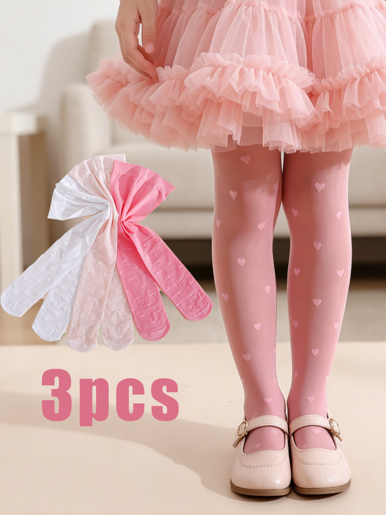 3Pcs Girls Heart Print Tights  - Tights Pantyhose Sheer ulasan dan harga